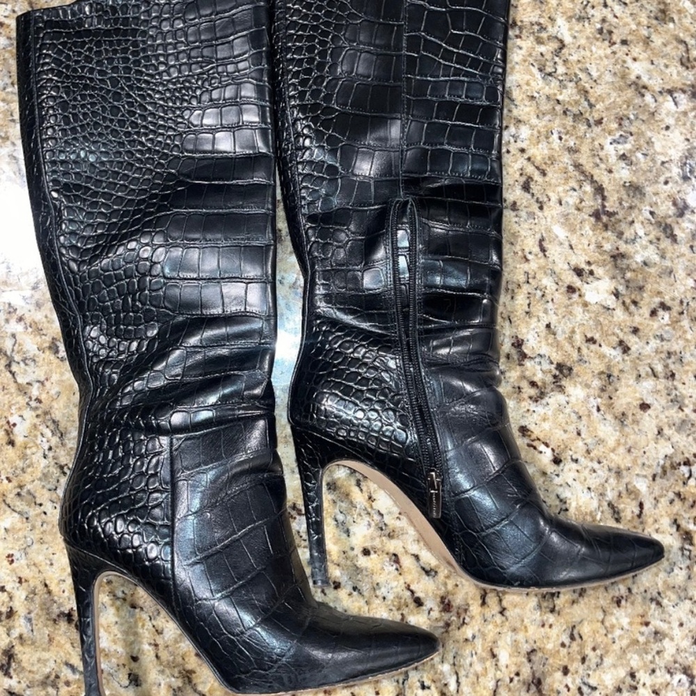 Vince Camuto Black Croc-Embossed Knee-High Boots - Picture 2 of 9